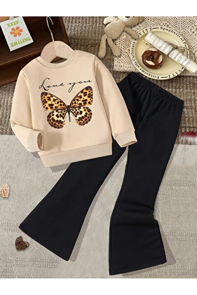 MORNİNG KİDS Lány pillangómintás bézs színű, nyakú pulóver-spanyol szárú leggings szett