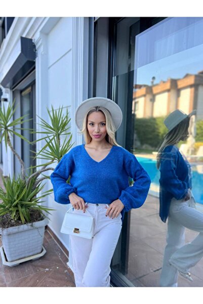 For Angels Pulover oversize cu decolteu în V cu accesorii papion pe spate