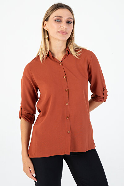 Nuevo Kadın Kiremit Renk Kol Katlamalı Şık ve Modern Gömlek- Klasik