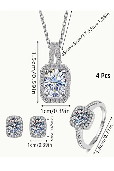 ALOUCHE KOZMETİK Zarif 4'lü Gümüş Renkli Küpe, Kolye ve Yüzük Seti – Parlak Kristal Taşlı Kadın Takı Seti