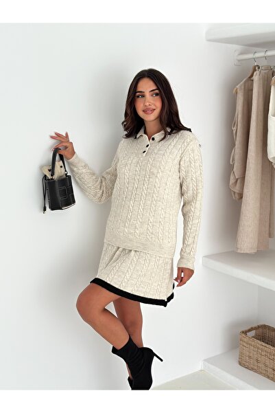 b buhari bykoc Skirted Knitwear Buttoned and Knitted Patterned Suit