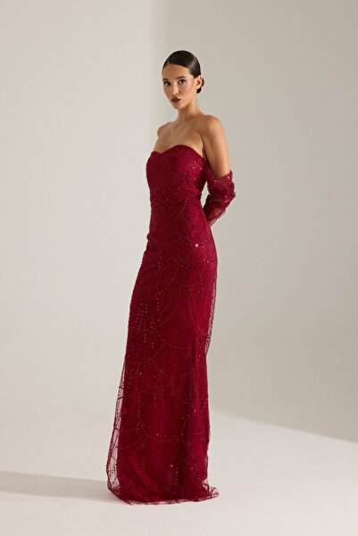 BETTY & SAM Lineta Boncuk Kırmızı Gece Elbisesi