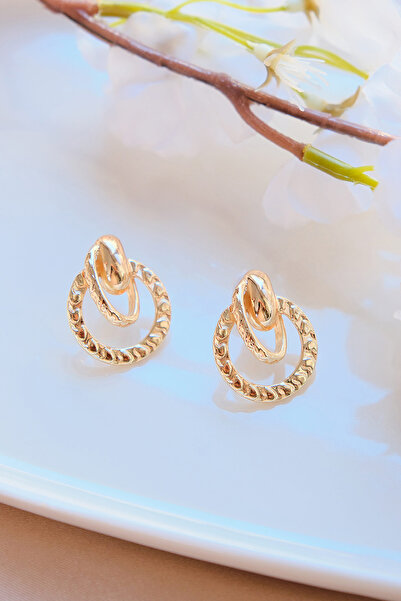 AURRARİ Kadın Gold Çizgili Iç Içe Halka Küpe Seti