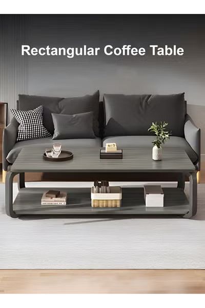 Taimi Wooden Coffee Table Modern Design with Double Layer Storage Space and Metal Legs, 100x50x43cm-Grey