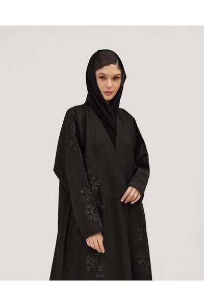 SOROSE SA عباية لف سوداء كتان نص كلوش بتطريز هاري مشجر