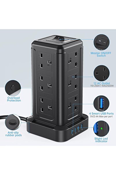 BEPITECH 5-meter 16-In-1 Power Extension Cord Tower