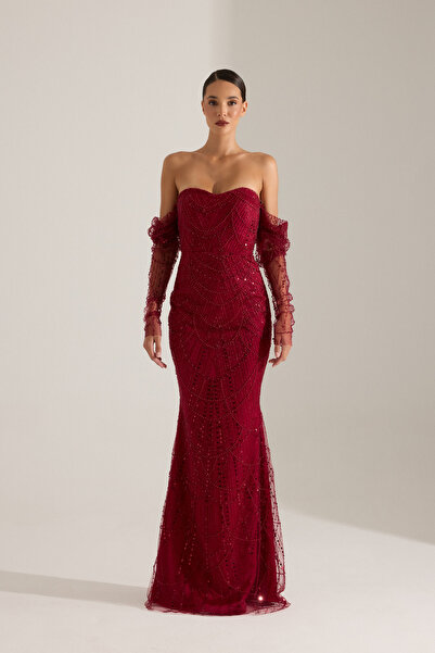 BETTY & SAM Lineta Boncuk Kırmızı Gece Elbisesi