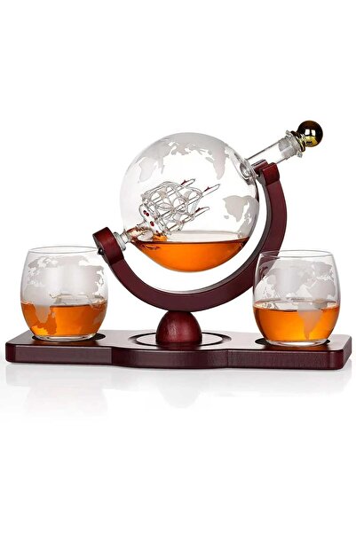 Elindor ®Whiskey Globe Decanter Set with 2 Engraved Glasses, Wooden Stand, Transparent