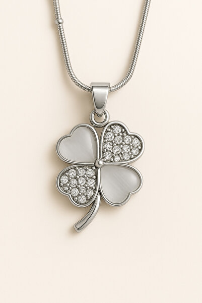 PİRLENTO قلادة من الفولاذ للنساء من طراز Yonca مرصعة بالزركون والزركون