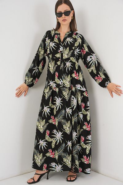 Merterium Women's Patterned Long Hijab Dress K.Black 1155