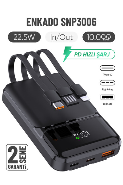 Enkado SNP-3006 10.000 Mah Hızlı Şarj LED Göstergeli Powerbank 3in1 Dahili Kablolu Taşınabilir Şarj Cihazı