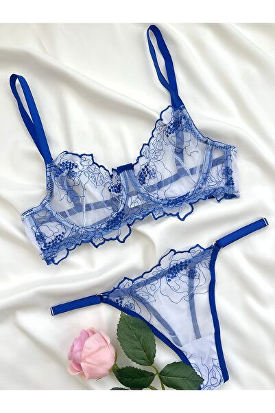 Genel Markalar Çiçek Desenli İşlemeli Balenli Kapsız Sütyen Tanga İç Çamaşırı...