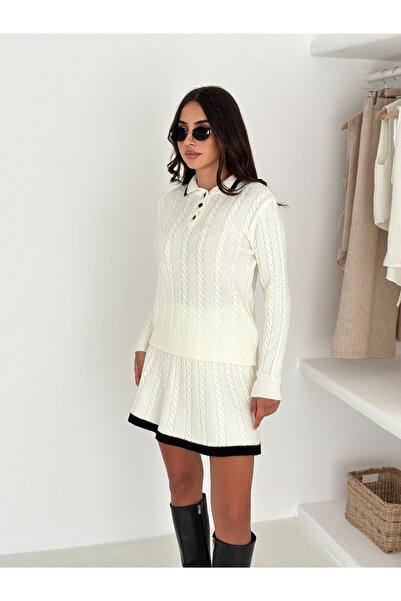 b buhari bykoc Skirted Knitwear Buttoned and Knitted Patterned Suit