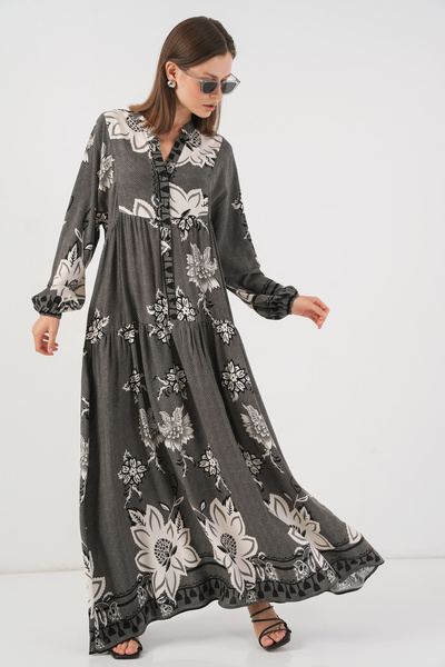 Merterium Women's Patterned Long Hijab Dress Anthracite 1155