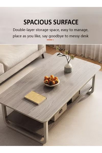 Taimi 2-Tier Wooden Coffee Table with Metal Legs,Center Table for Living Room and Office,120x60x48cm-Grey