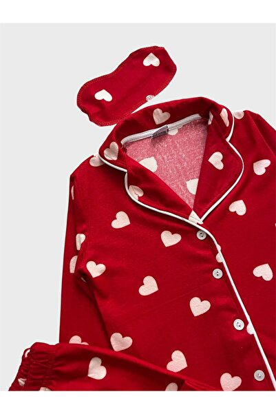 tusem butik homewear Kız Çocuk Pamuklu Süet Kumaş Kırmızı Kalp Desenli Uyku Bantlı Uzun Kollu Pijama Takımı