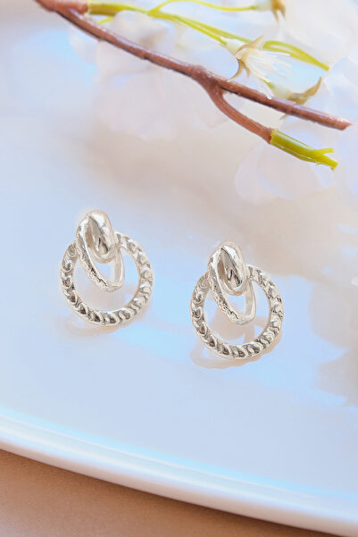 AURRARİ Kadın Silver Çizgili Iç Içe Halka Küpe Seti