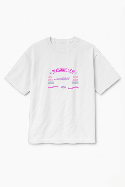 Altair Tr تي شيرت نسائي أبيض كبير الحجم مطبوع عليه فورمولا 1