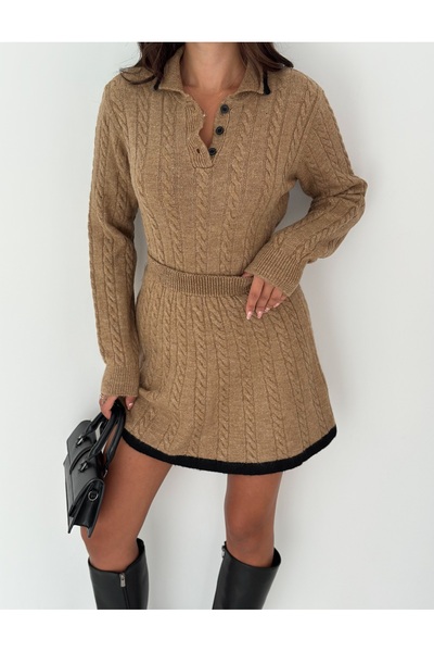 b buhari bykoc Skirted Knitwear Buttoned and Knitted Patterned Suit