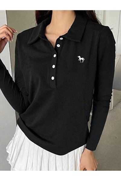 Gofeel Siyah Tek Boynuzlu At Baskılı Polo Yaka Düğmeli Uzun Kol Tshirt