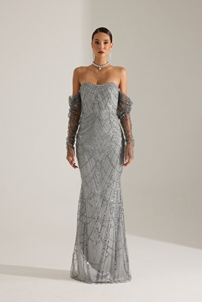 BETTY & SAM Lineta Boncuk GRİ Gece Elbisesi