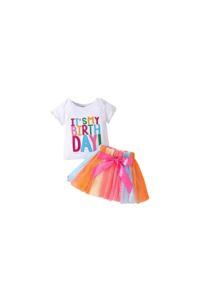 One Derya Set aniversar fete, tricou bumbac, cu mesaj aniversar, fusta din tul, cu funda, 80 cm, 12 luni