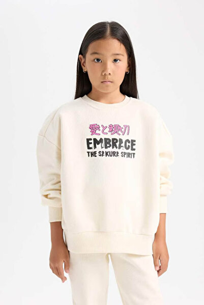 DeFacto 2-Piece Printed Sweatshirt Top Jogger Sweatpants Ecru Girl's Bottom-Top Set D4869A8/Er99