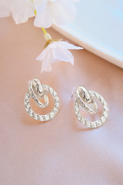 AURRARİ Kadın Silver Çizgili Iç Içe Halka Küpe Seti