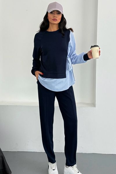 Ded COLLECTION Women's Striped Shirt Detailed Side Tie Long Sleeve Tube Leg Bottom Top Modal Suit