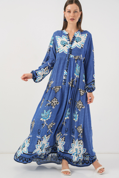 Merterium Women's Patterned Long Hijab Dress B.Blue 1155