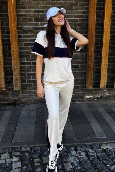 Ded COLLECTION Women's Thick Stripe Detailed Short Sleeve Wide Leg Modal Comfortable Suit
