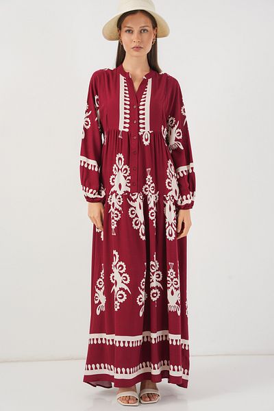 Merterium Women's Patterned Long Hijab Dress A.Burgundy 1155