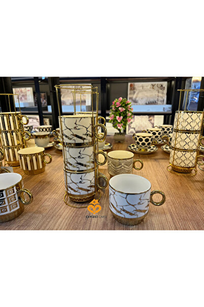 ÇEYİZCİ ÇARŞI ARADIĞIN HERŞEY TEK TIKLA 4 Kişilik Porselen Fincan Takımı – Metal Standlı Şık Kahve & Çay Seti