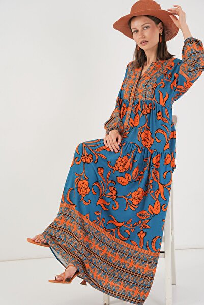 Merterium Women's Patterned Long Hijab Dress C.Orange 1155