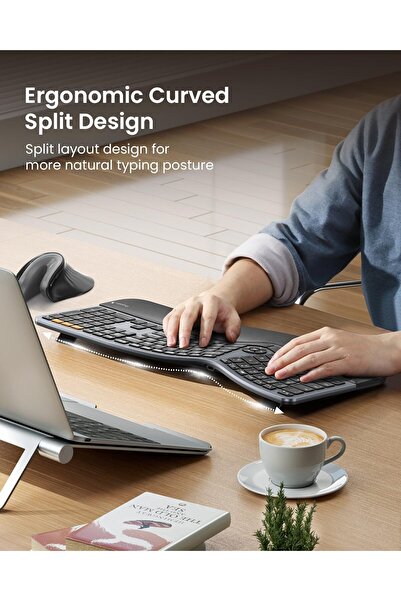 ProtoArc EK01 Plus Backlit Bluetooth Ergonomic Full-Size Split Keyboard - Black Gray