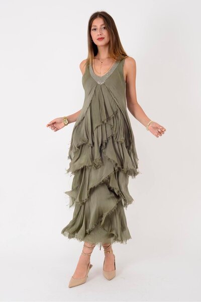 Butik Ayseba Park Moda Sequin Detail V Neck Layered Silk Evening Dress