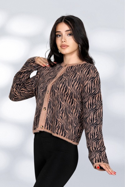 NEWCO Feathered Zebra Pattern Detailed Inicili Dume Modern and Comfortable Fit Knitwear Cardigan