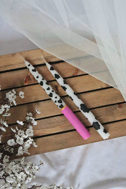 Ca.Gi El Boyaması Siyah Kalpli & İnek Desenli Gold Detay 2Li Şamdan Mum Seti ...