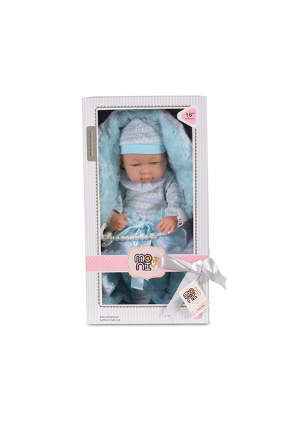 Moni Baby Doll 41cm Baby Boy Blue, with knitted jumpsuit, hat, swaddling blanket and pacifier