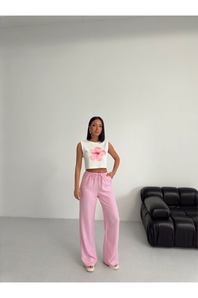 mydukkan.co Pantaloni Palazzo din in, subțiri, cu talie elastică