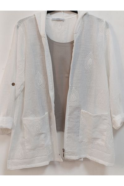 AKŞEN GİYİM Large Size 100% Cotton Linen Embroidery Detailed 80 cm Basen Covering Boyda Hooded Jacket