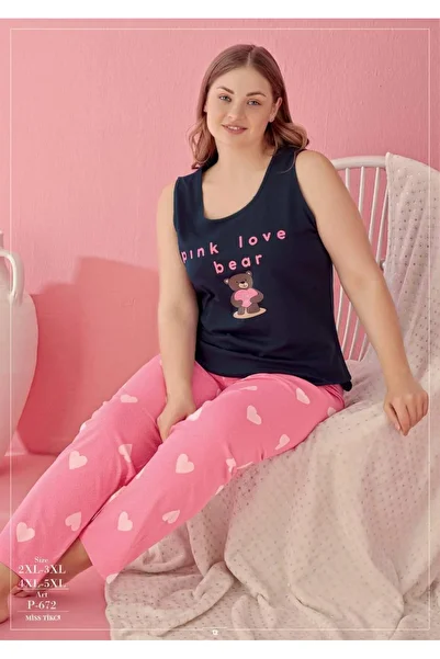 civetta Plus Size Pink Love Bear Heart and Teddy Bear Patterned Pink Short Sleeve Pajama Set