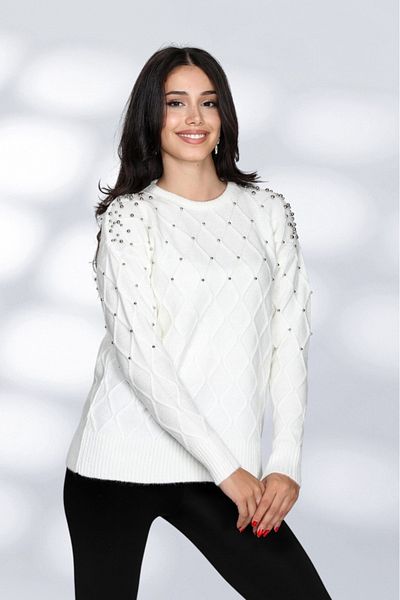 NEWCO Pearl Stone Detailed Knitted Patterned Loose Knitwear Sweater Crew Neck Comfortable Fit Stylish Daily Model
