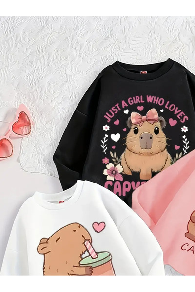 MORNİNG KİDS Lányoknak 3 darabos fagylaltos Capy Bara nyomott mintás, bő nyakú pulóver