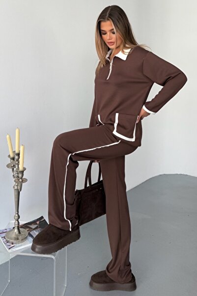 FEMELLE Brown Modal Fabric Cotton Double Suit Women - Comfortable Stylish Bottom Top Set - Zipper Collar Pocket