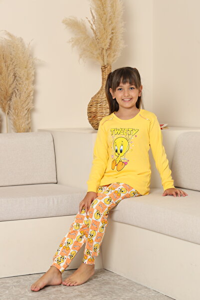 Zekalya Tweety Desenli Kız Çocuk Pijama Takımı Sarı