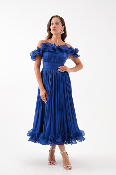 Lafaba Kadın Saks Yaka Detay Midi Abiye Elbise