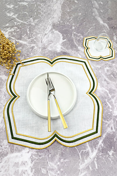 WEARE2 Khaki Gold Colored Moonrise Embroidered 2 Piece Set (1+1) American Service and Cocktail Napkin