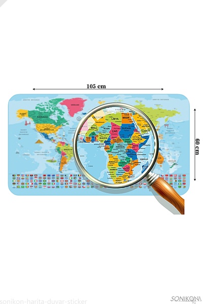 SONİKON LİNE World Map Educational Country Flag Turkish Map Teen Room Wall Sticker-, Decorative, 3865B