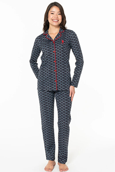 U.S. Polo Assn. Gömlek Yaka, Kadın Pijama Takımı, Cepsiz, %100 Pamuk, Uzun Kollu, Önden Düğmeli